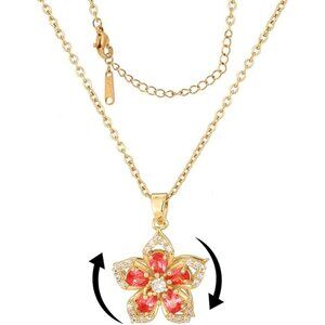 Women Gold Flower Fidget Red Set Necklace Rotatable Crystal Blossom Pendant
